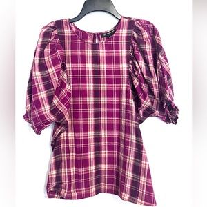 INC Fushia Plaid Design Short Puff Sleeve Women’s Top